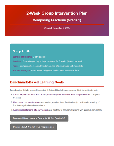 AI Math Coach - 2-Week Group Intervention Plan - Comparing Fractions (Grade 5) page 1