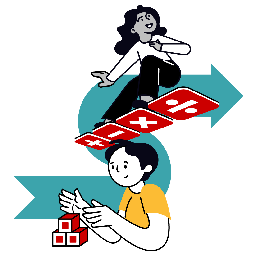 Two illustrations of students: a younger student stacking wooden blocks and an older student soaring through the air on arithmetic operators. Behind the students is a blue curved pathway with an arrow at the top right end.