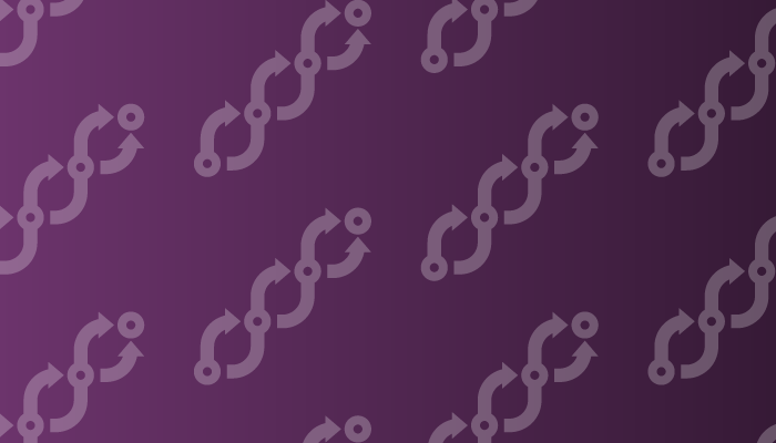 A symbol showing paths with arrows that diverge but meet at junctions. The symbol is white and is repeated several times across a purple background.
