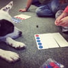 A dog looks on as a teacher lines up pattern dots for a math problem.