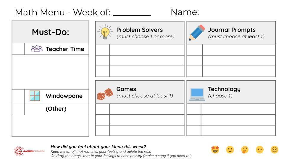 Math Menu Template - Elementary (Digital Individual)