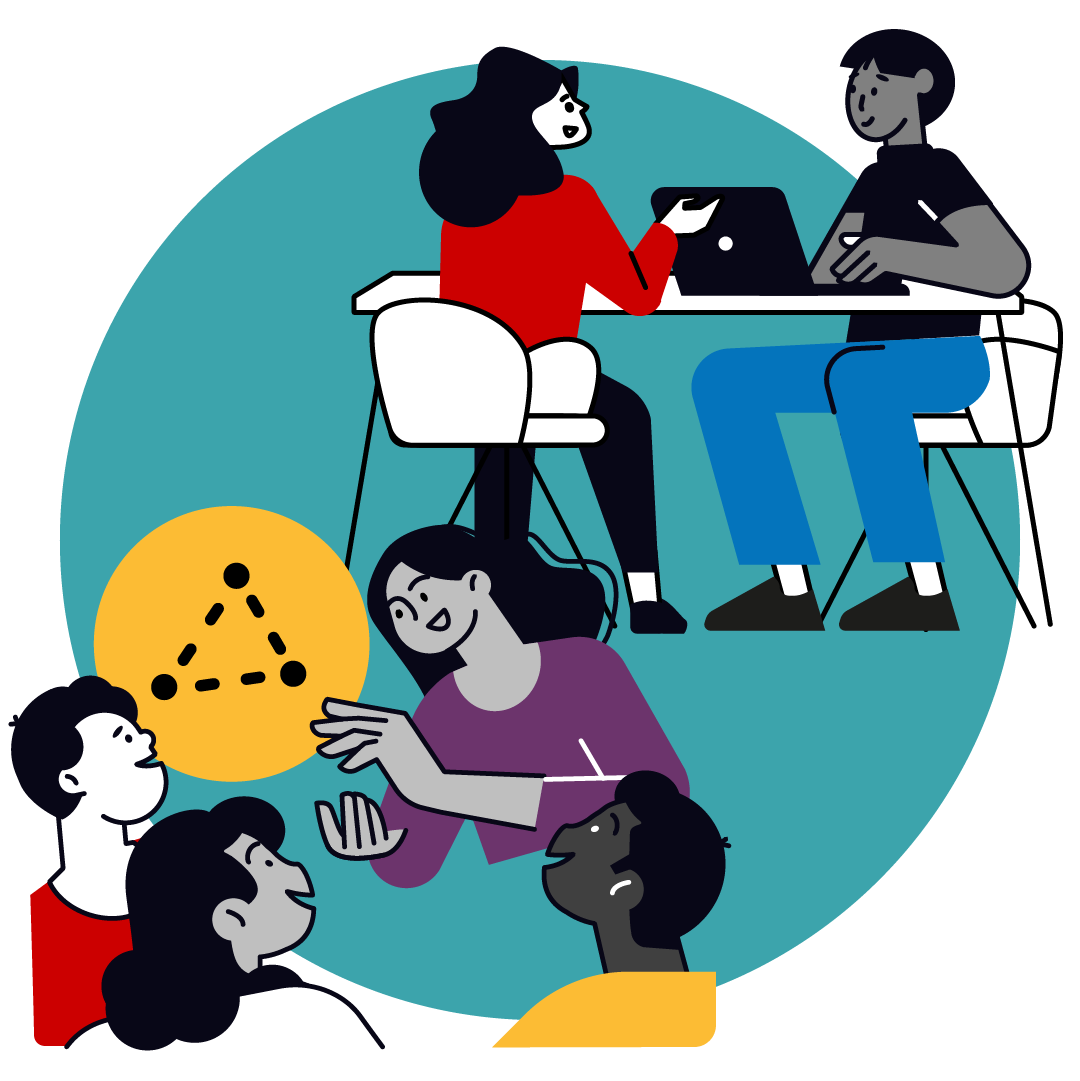Services - Teacher with group of students and two teachers at a table illustration blue circle background