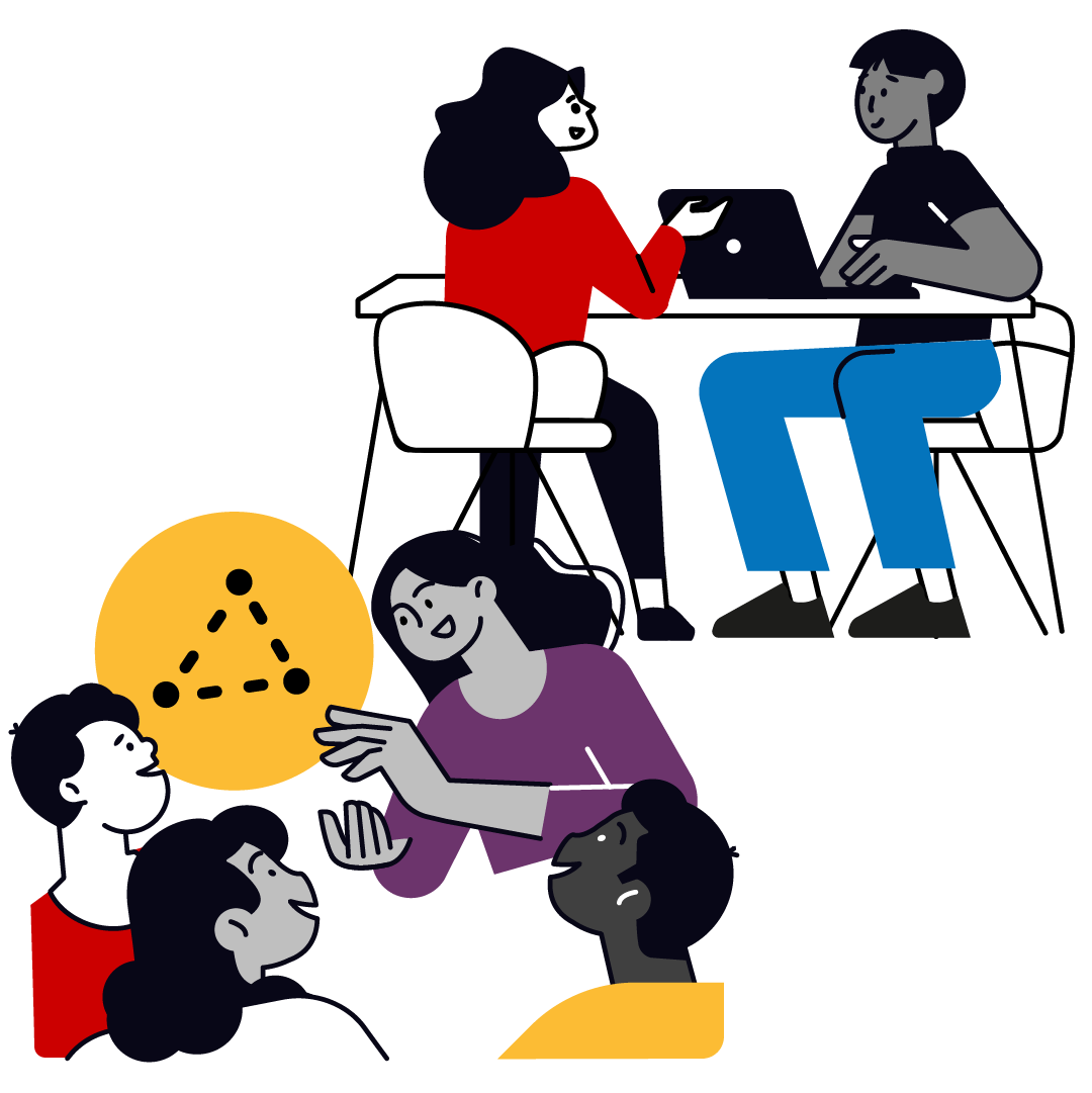 Teacher with group of students and two teachers at a table illustration