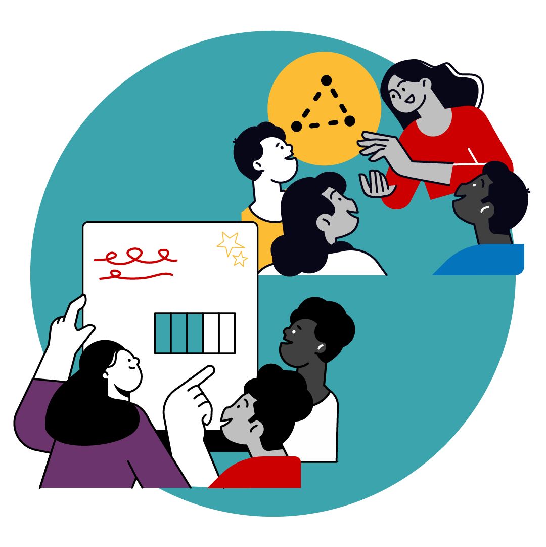 Students doing math menu at a vertical surface and a teacher talking to a group of students