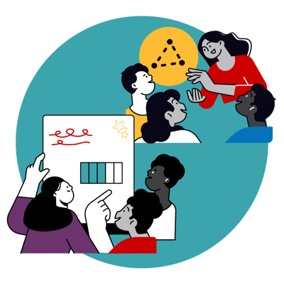 Students doing math menu at a vertical surface and a teacher talking to a group of students