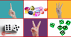 Hands holing up one, two and three fingers. Two dice, a pile of multicolored gems and green dice.