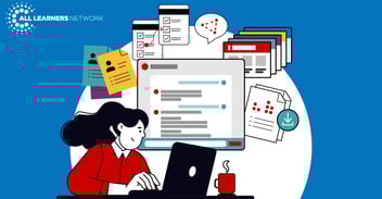 An illustration of a teacher working at a laptop with a cup of coffee. Behind the scene is an image of the AI Math Coach interface showing a generative conversation. Surrounding the interface at the top of the scene are resources that would have been referenced by the AI.