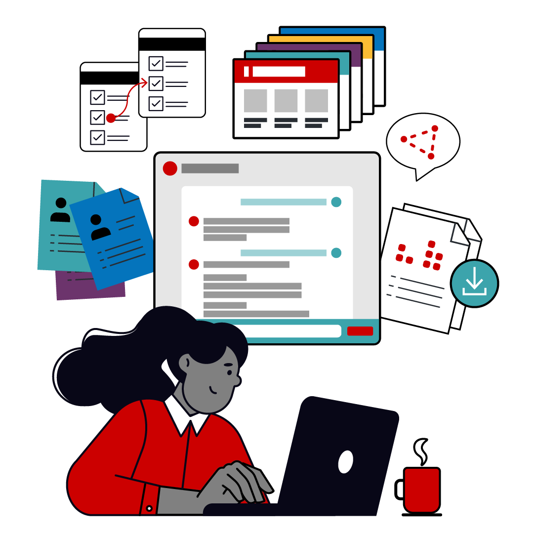 A teacher with a laptop and cup of coffee. Floating above them are an AI chat window plus various documents and resources.