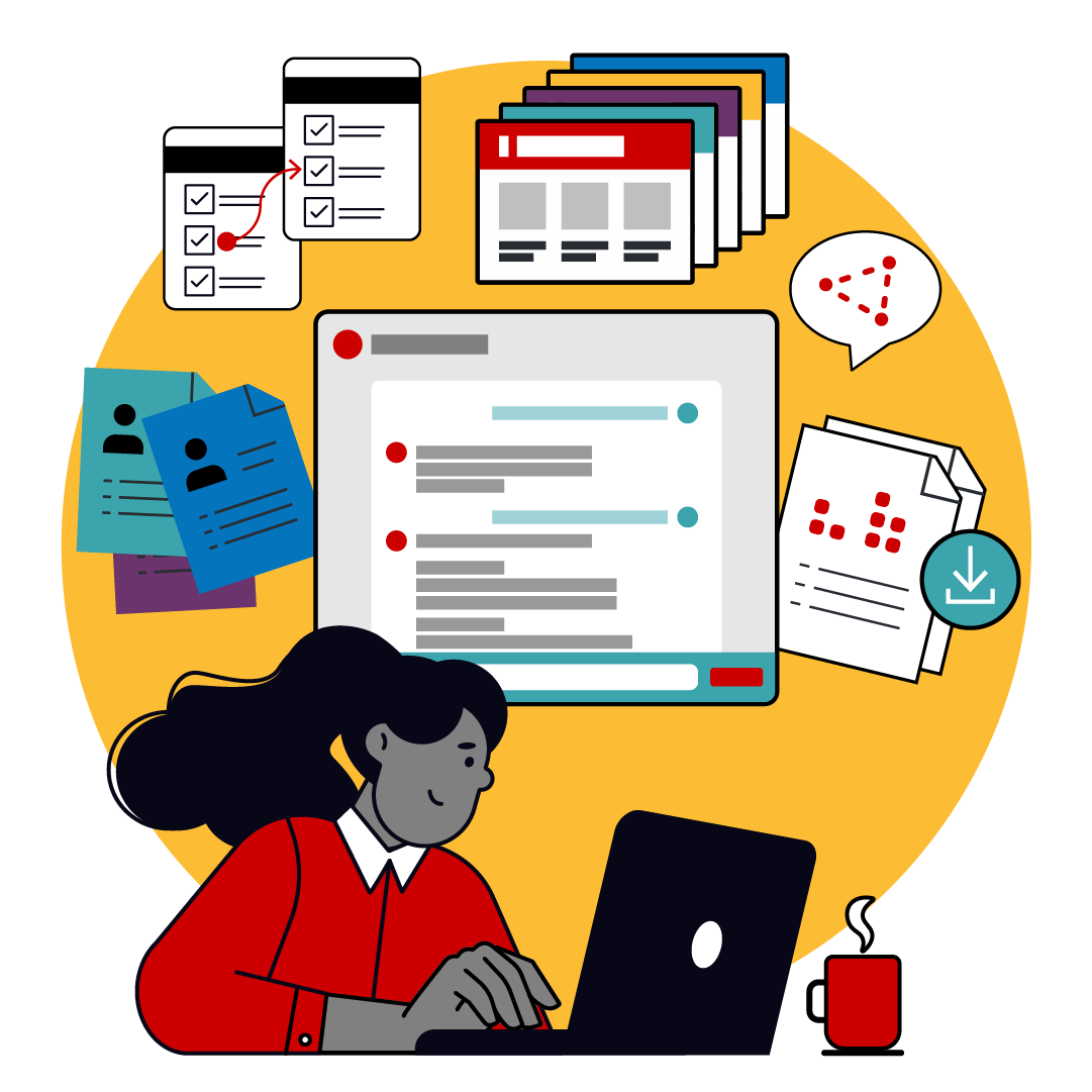A teacher with a laptop and cup of coffee. Floating above them are an AI chat window plus various documents and resources. A yellow circle fills the background.