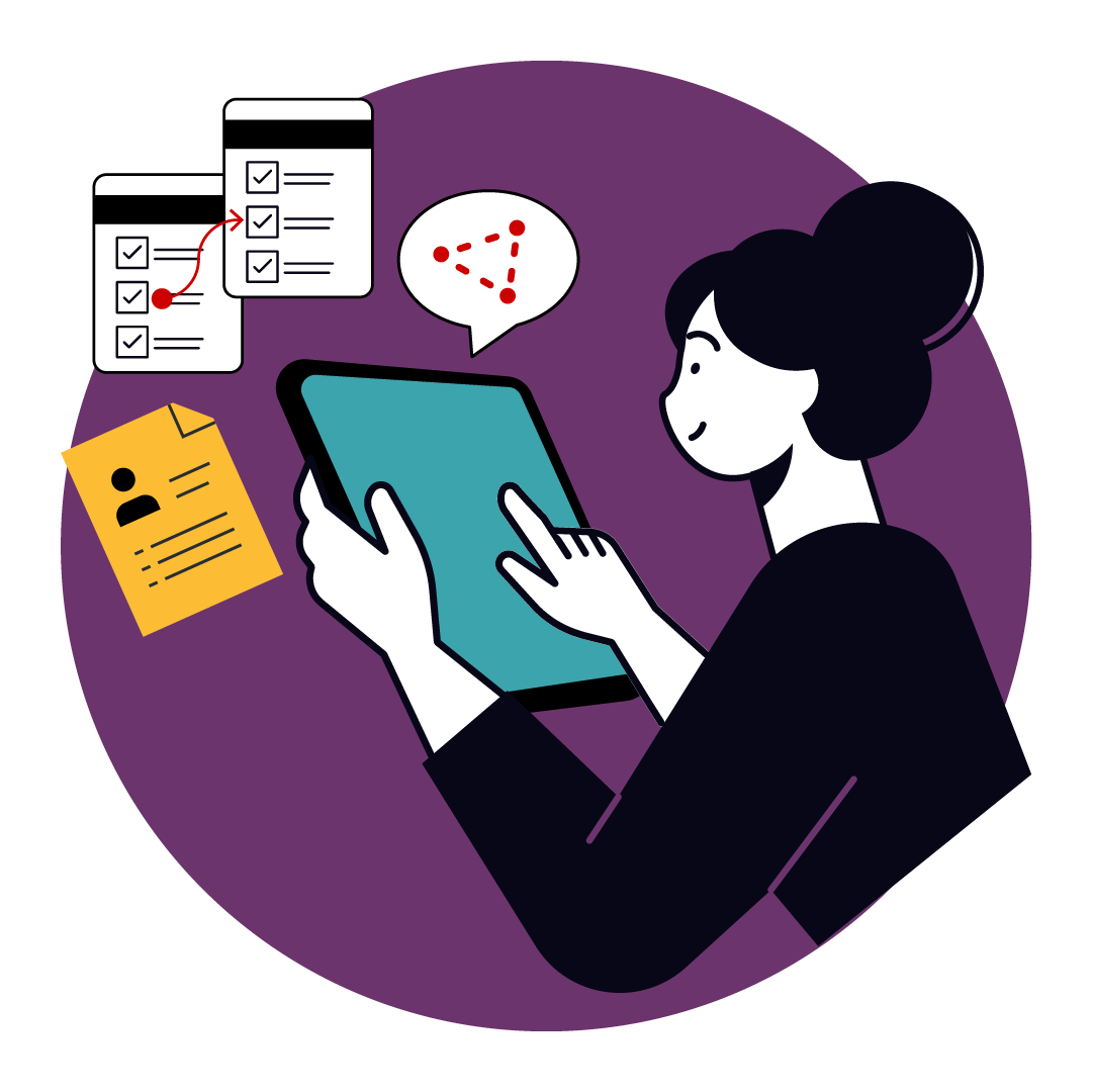 Teacher with tablet using ALO illustration purple circle