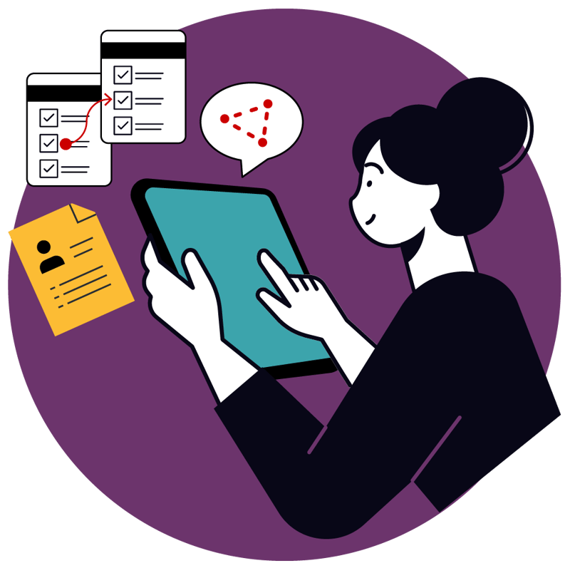 Teacher with tablet using ALO purple circle illustration