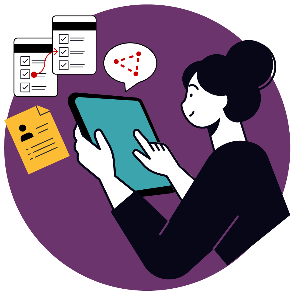 Teacher with tablet using ALO purple circle illustration