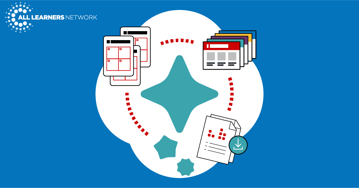 Illustrations depicting an AI. In the middle and three blue star shapes. Around the stars are a stack of printouts, a stack of presentation slides, and a stack of printouts with a download symbol.
