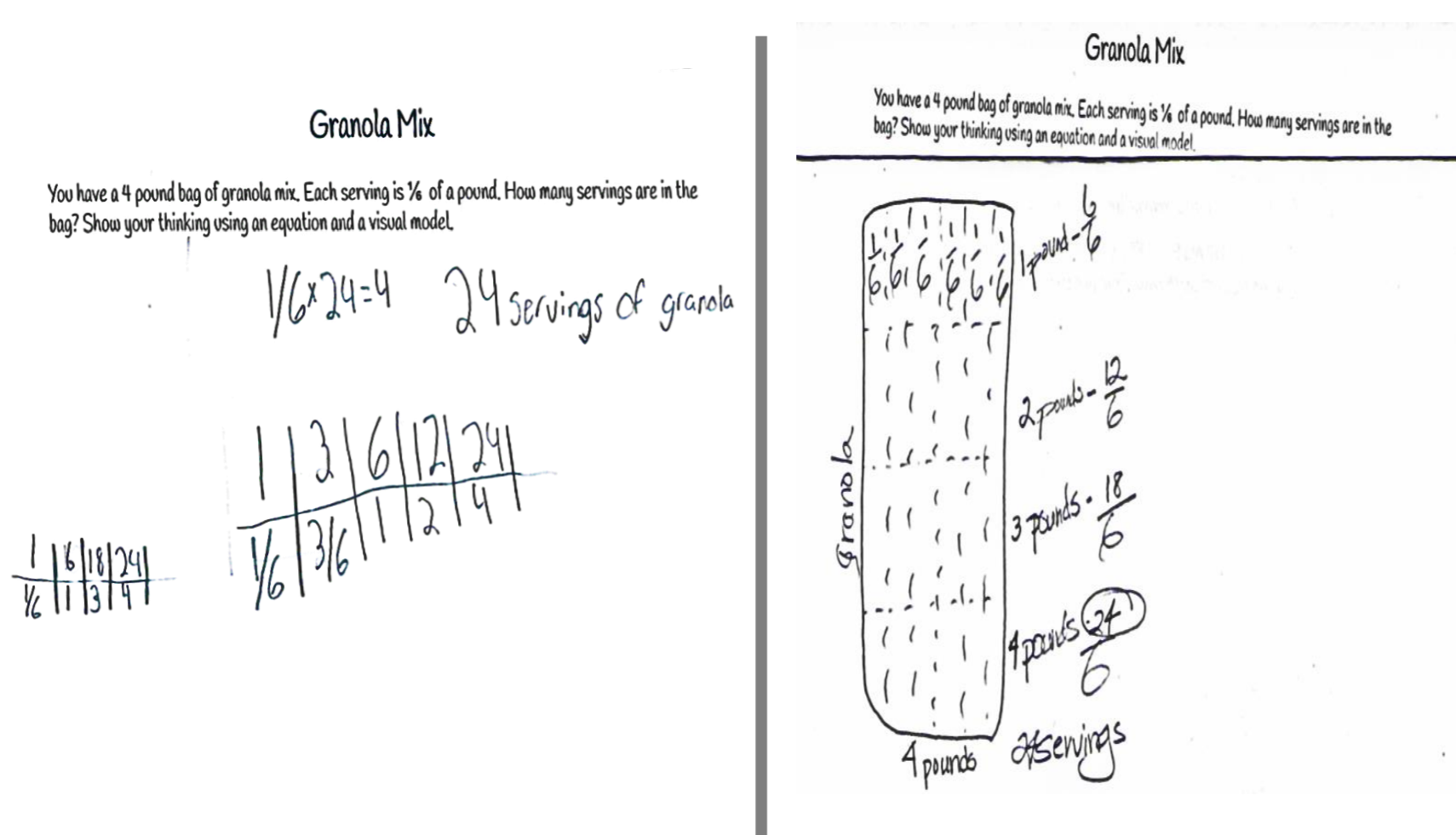 Work samples from a 5th grade task focused on fractions.
